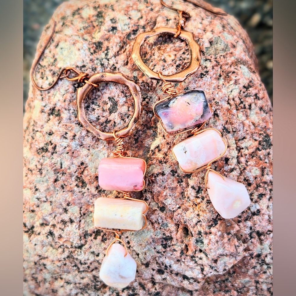 Whispers From Andes Genuine Pink Peruvian Opals In Antique Copper Drop Earrings - Picture 1 of 10